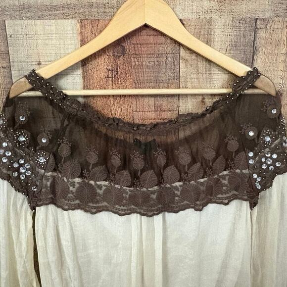 Ryu Collection Blouse Cream & Brown Lace Off the Shoulder Top Women’s Sz L NWT - Picture 6 of 11